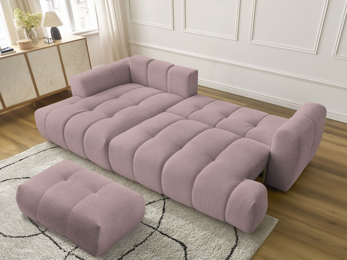 Bobochic Fuji Ecksofa mit Schlaffunktion und Bettkasten und Pouf 292 × 160 cm Stoff Rosa Ecke links