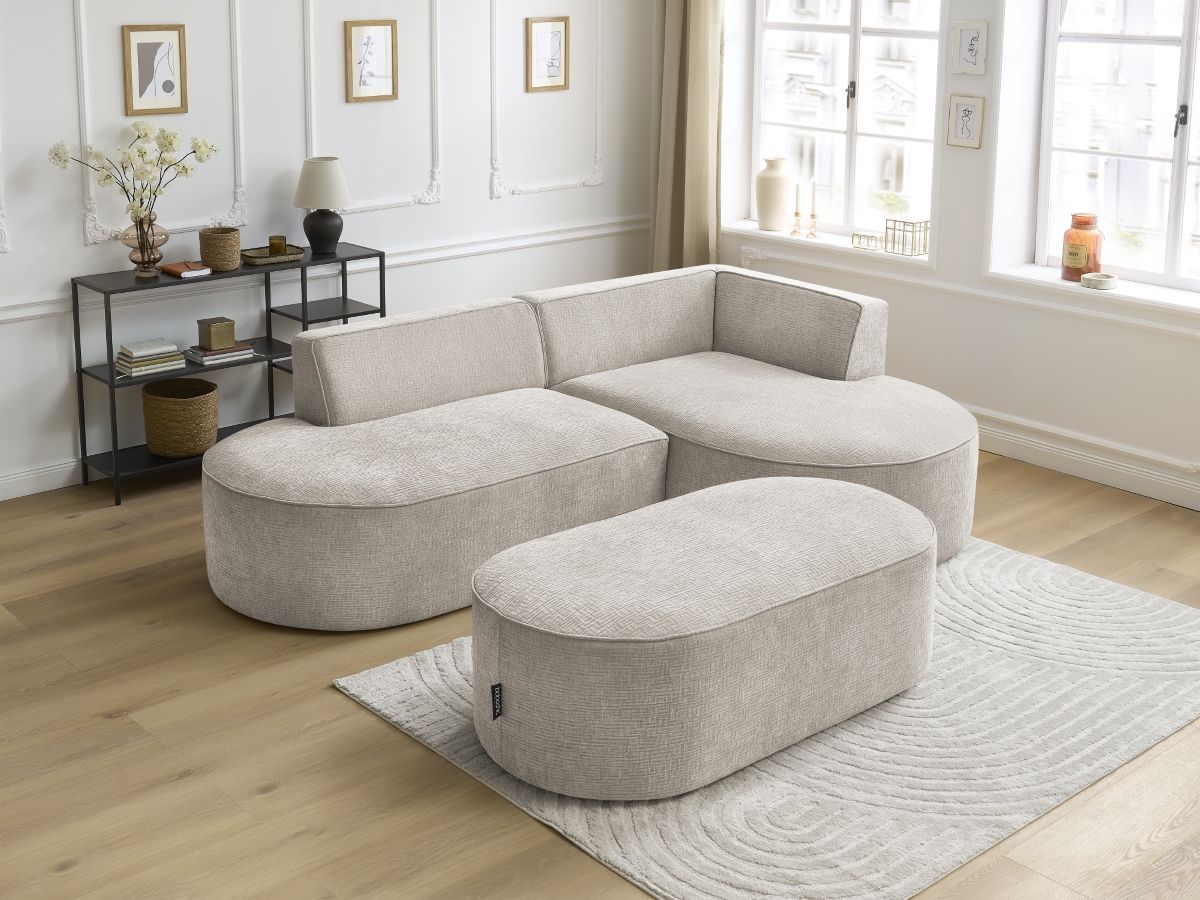 Bobochic Rousseau Ecksofa mit Pouf Strukturstoff Beige Ecke rechts