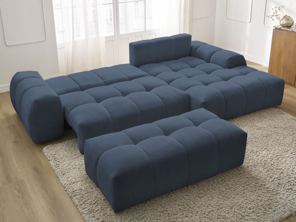 Bobochic Everest Ecksofa mit Schlaffunktion und Bettkasten und Pouf 318 × 180 cm, 3 Kissen Melange-Stoff Dunkelblau Ecke rechts
