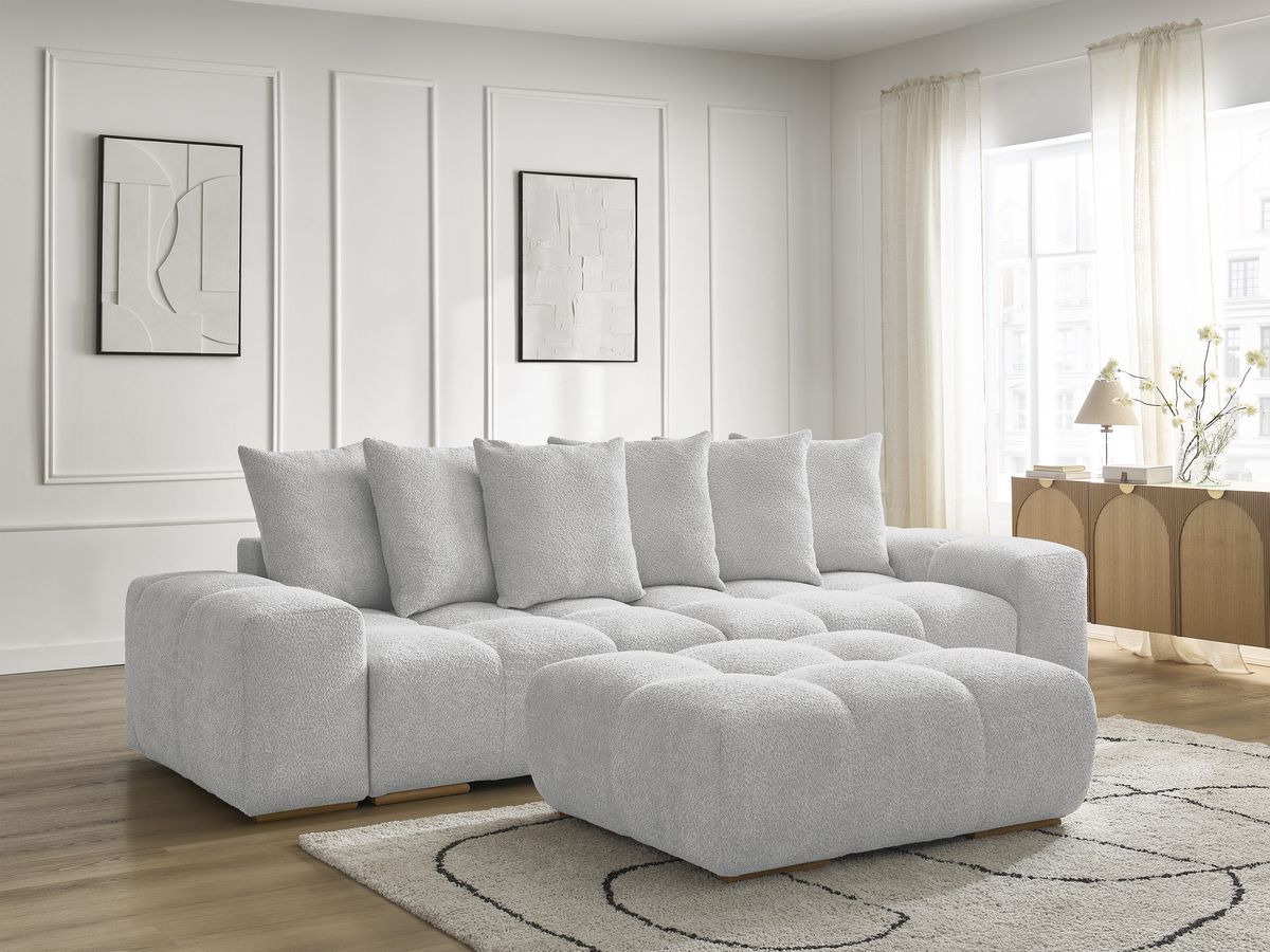Bobochic Anakin Schlafsofa 3-Sitzer mit Bettkasten und Pouf, 6 Kissen Bouclé-Stoff Hellgrau