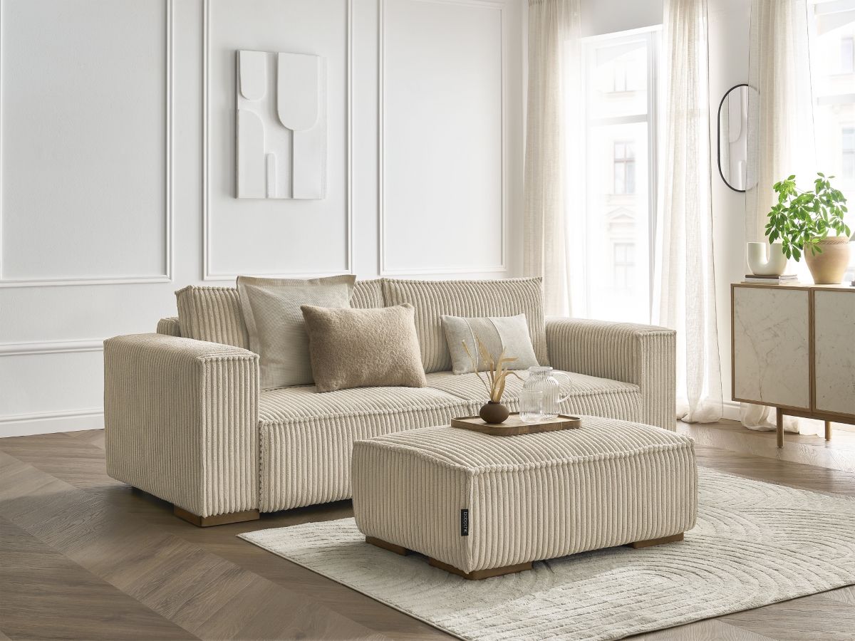 Bobochic Chelsea Schlafsofa 4-Sitzer mit Bettkasten und Pouf Breitcord weich Taupe
