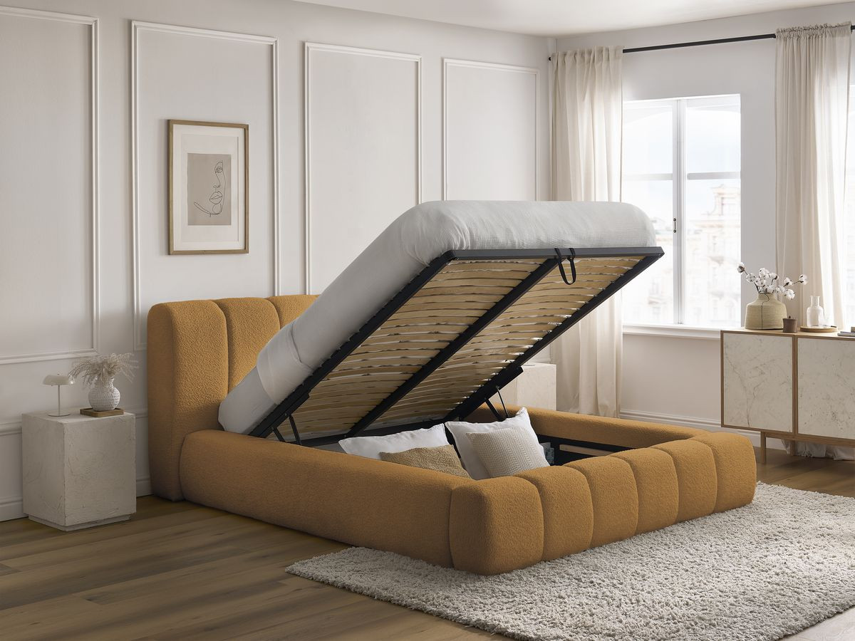 Bobochic Denali Polsterbett mit Bettkasten Bouclé-Stoff Gelb, Liegefläche 140 × 190 cm