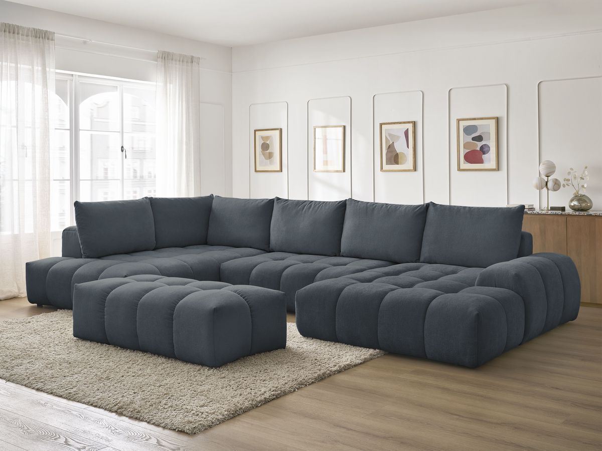 Bobochic Everest Wohnlandschaft mit Pouf, 6 Kissen Strukturstoff Dunkelblau Ecke rechts