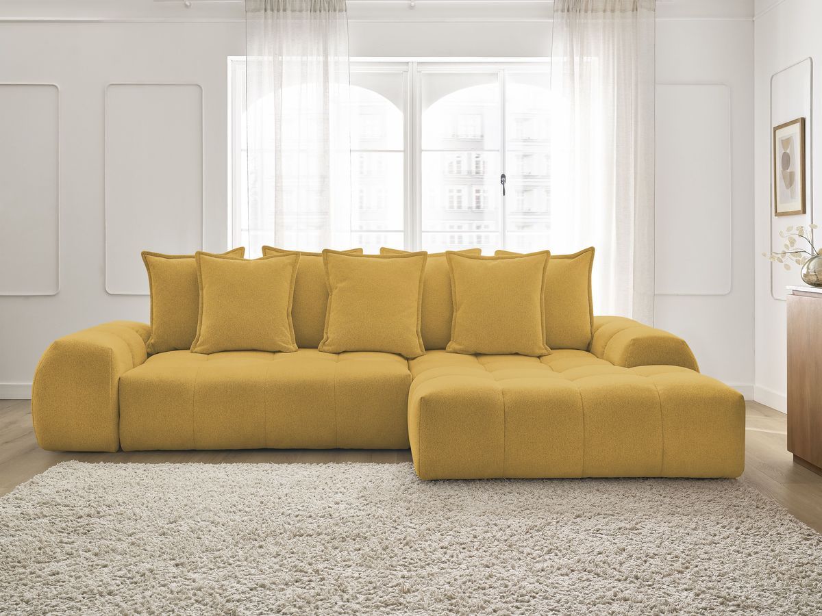 Bobochic Everest Ecksofa mit Schlaffunktion und Bettkasten 318 × 180 cm, 7 Kissen Melange-Stoff Gelb Ecke rechts