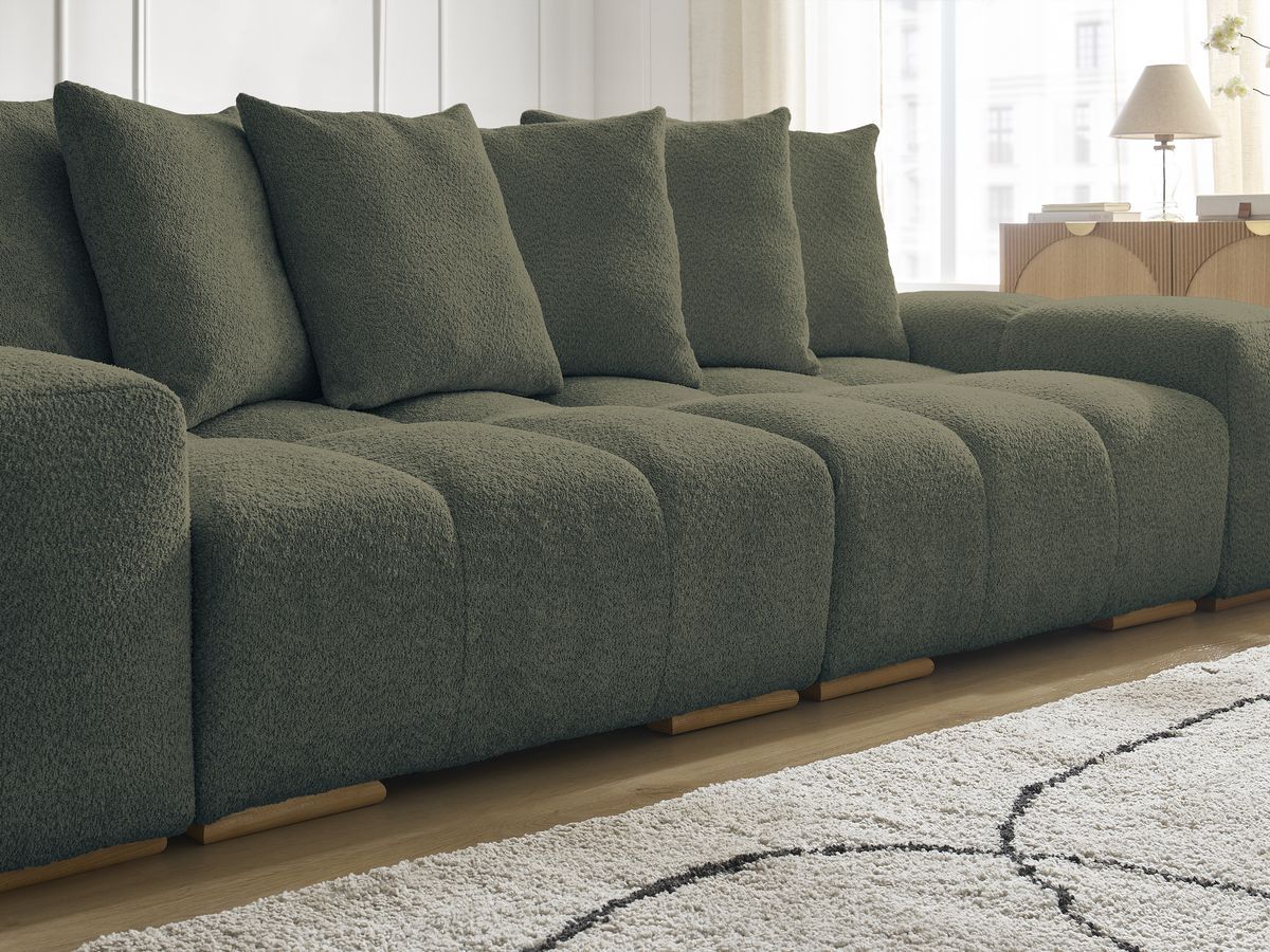 Bobochic Anakin Schlafsofa 3-Sitzer mit Bettkasten, 6 Kissen Bouclé-Stoff Grün
