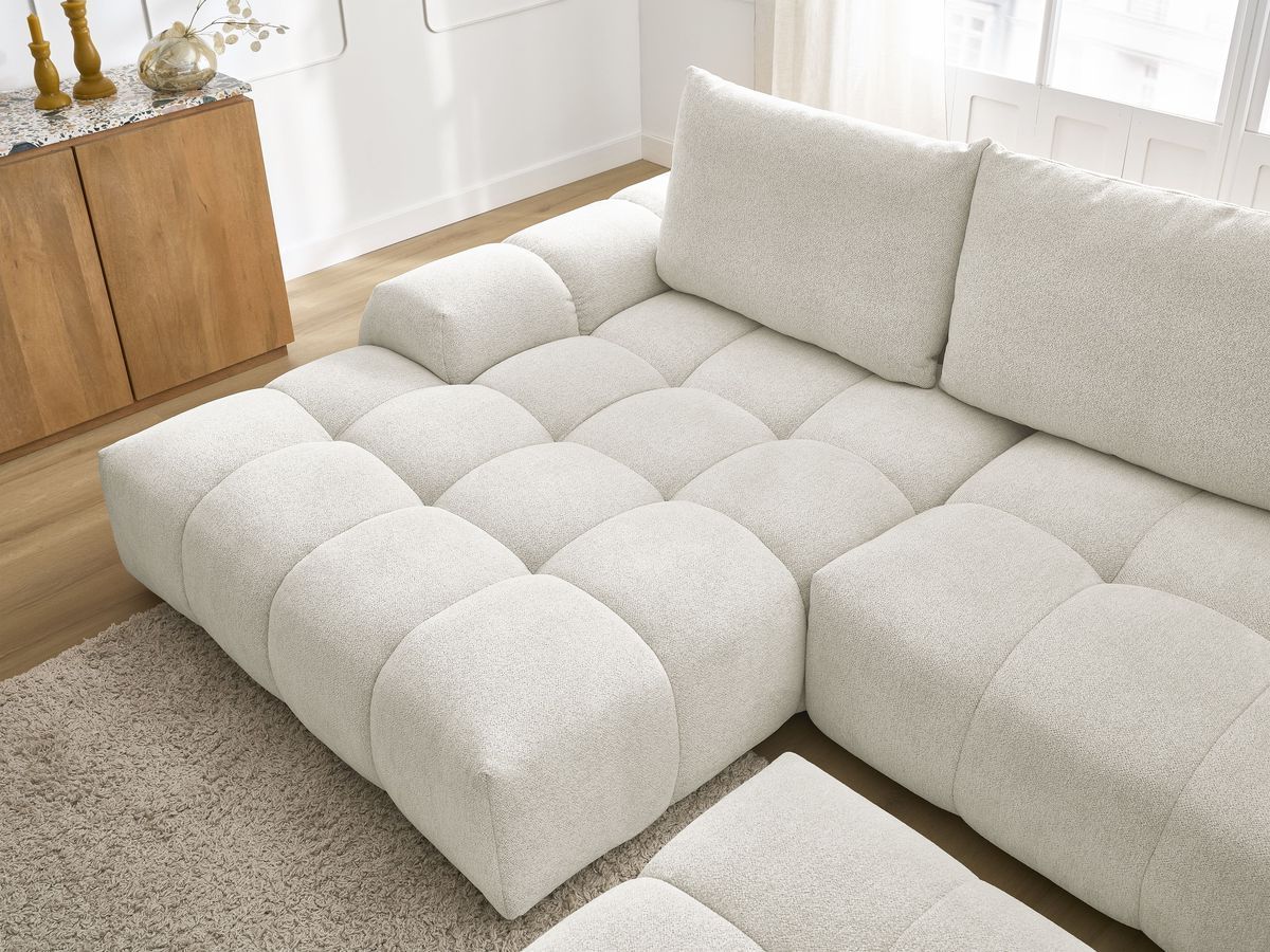 Bobochic Everest Ecksofa mit Schlaffunktion und Bettkasten und Pouf 318 × 180 cm, 3 Kissen Melange-Stoff Weiß Ecke links