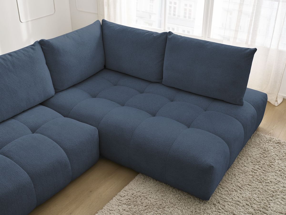 Bobochic Everest Ecksofa mit Schlaffunktion und Bettkasten 320 × 212 cm, 5 Kissen Melange-Stoff Dunkelblau Ecke rechts