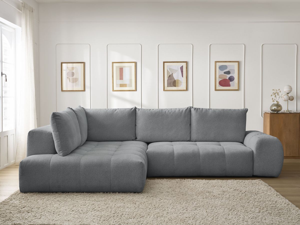 Bobochic Everest Ecksofa mit Schlaffunktion und Bettkasten 320 × 212 cm, 5 Kissen Melange-Stoff Dunkelgrau Ecke links