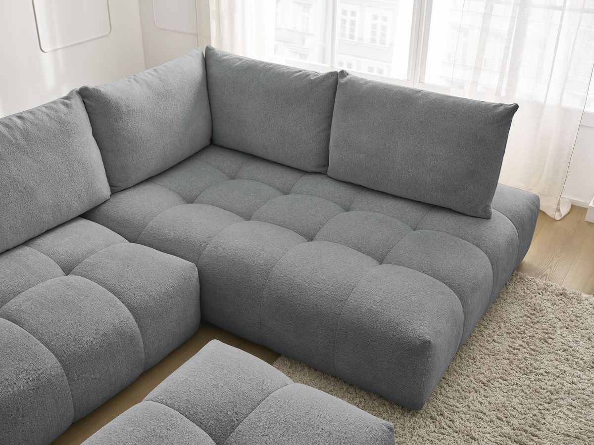 Bobochic Everest Ecksofa mit Schlaffunktion und Bettkasten und Pouf 320 × 212 cm, 5 Kissen Melange-Stoff Dunkelgrau Ecke rechts