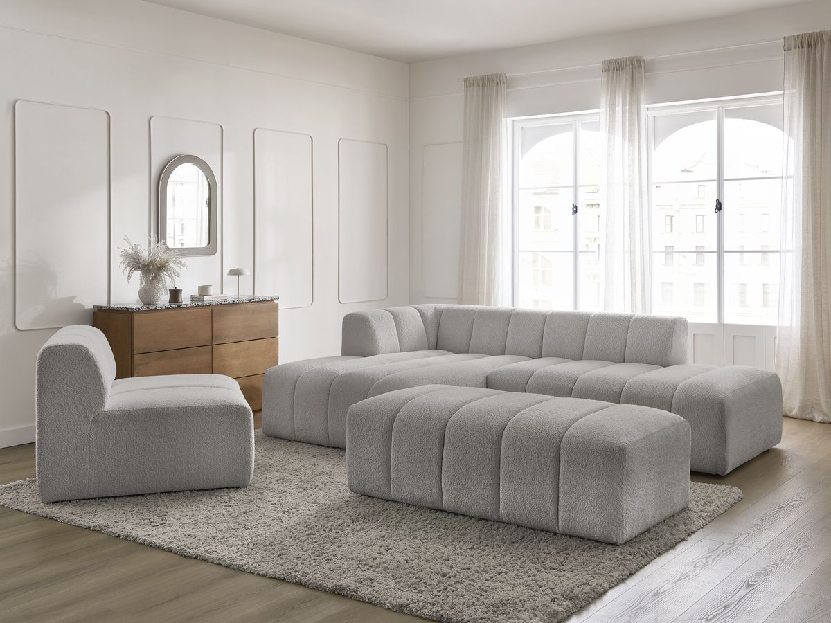 Bobochic Annecy Ecksofa mit Sofamodul und Pouf Bouclé-Stoff Hellgrau Ecke links