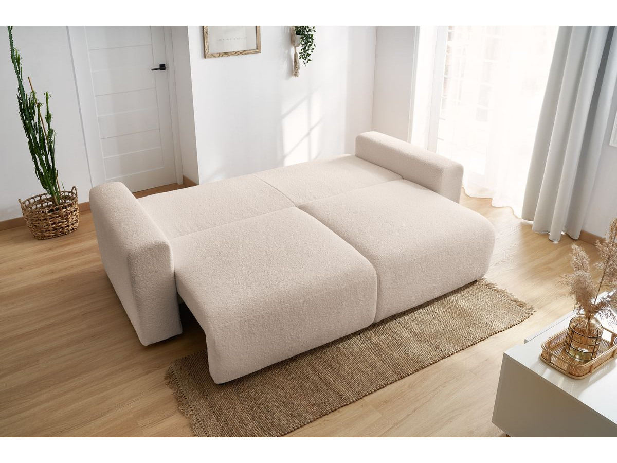 Bobochic Envy Schlafsofa 3-Sitzer mit Bettkasten und rechteckigem Pouf Bouclé-Stoff Beige