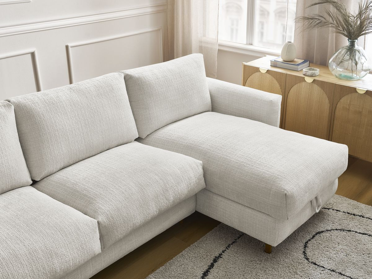 Bobochic Cocoone Ecksofa mit Schlaffunktion und Bettkasten Strukturstoff Weiß, Liegefläche 140 × 200 cm