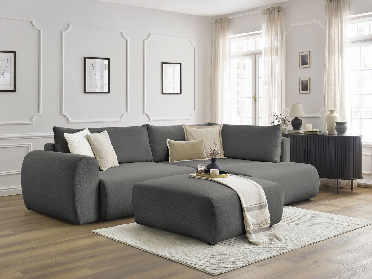 Bobochic Lucien Ecksofa mit Schlaffunktion und Bettkasten und Pouf 296 × 198 cm Stoff Dunkelgrau Ecke rechts