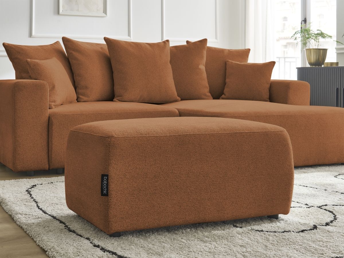 Bobochic Atilla Ecksofa mit Schlaffunktion und Bettkasten und Pouf Melange-Stoff Orange Ecke rechts