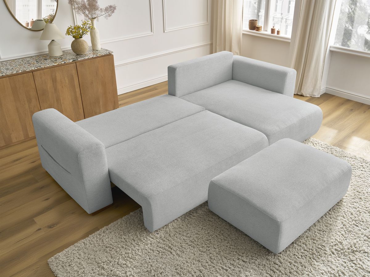 Bobochic Sidonie Ecksofa mit Schlaffunktion und Bettkasten und Pouf Melange-Stoff Hellgrau