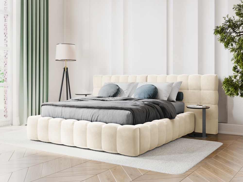 Cosmopolitan Design Stauraumbett mit doppeltem Kopfteil Bali 140x200 Samt Bluvel Helles Beige