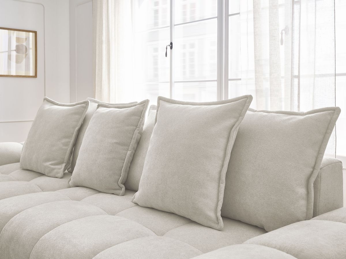 Bobochic Everest Ecksofa mit Schlaffunktion und Bettkasten und Pouf 318 × 180 cm, 7 Kissen Strukturstoff Weiß Ecke links