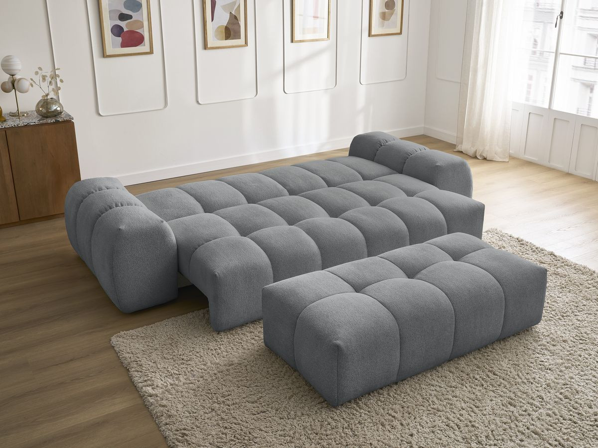 Bobochic Everest Schlafsofa 3-Sitzer mit Bettkasten und Pouf, 2 Kissen Melange-Stoff Dunkelgrau