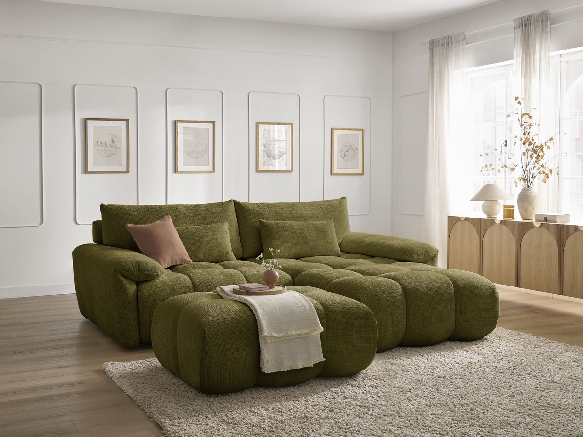 Bobochic Ivane Ecksofa mit Pouf Strukturstoff Grün Ecke rechts