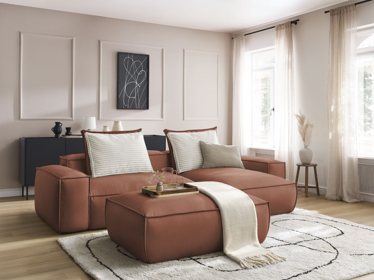 Bobochic Boheme Ecksofa mit Pouf Kunstleder Dunkelbraun