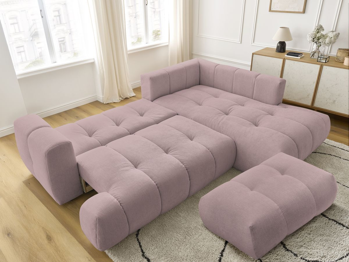 Bobochic Fuji Ecksofa mit Schlaffunktion und Bettkasten und Pouf 282 × 204 cm Stoff Rosa Ecke rechts