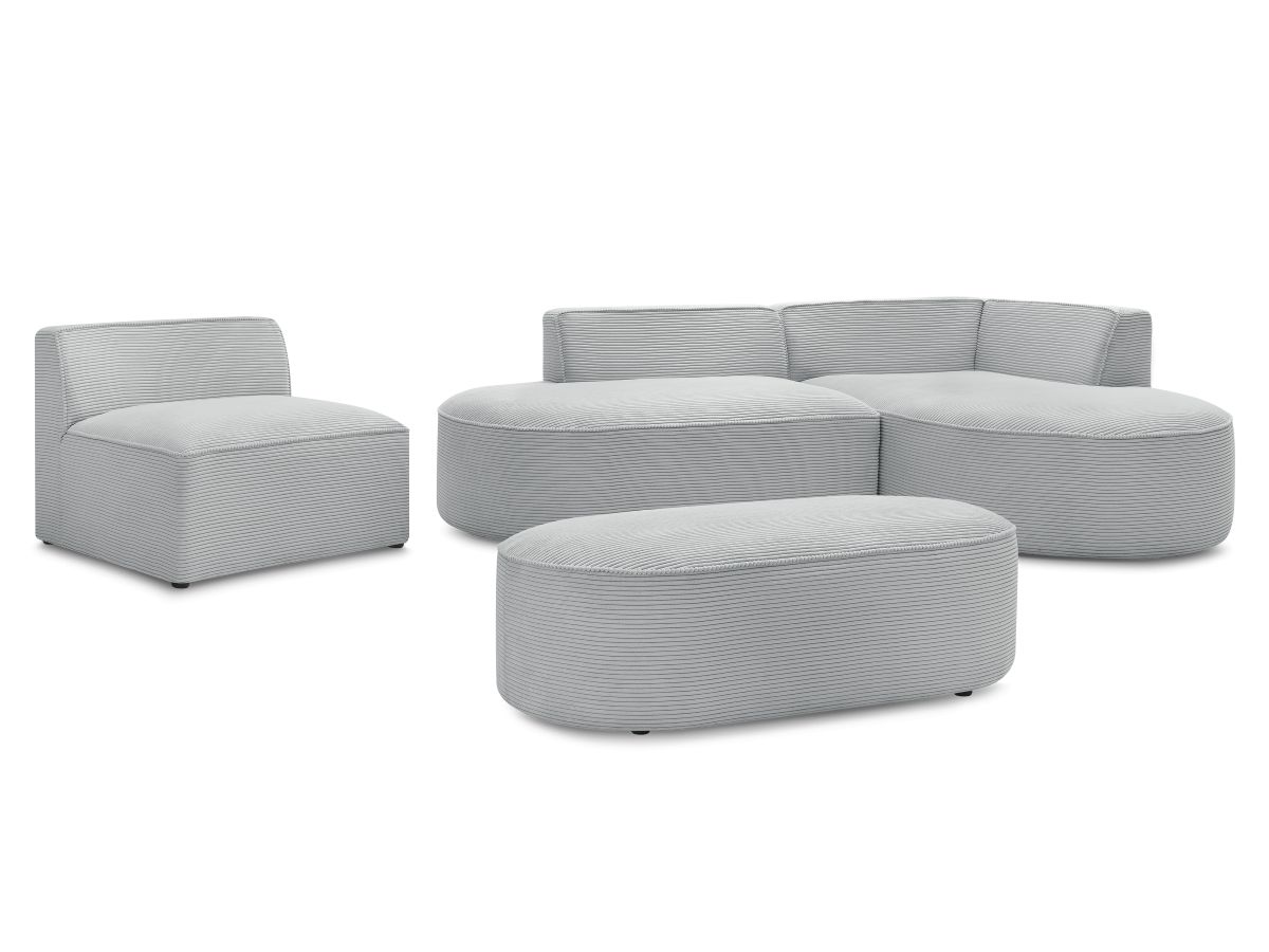 Bobochic Rousseau Ecksofa mit Sofamodul und Pouf Cordsamt Hellgrau Ecke rechts