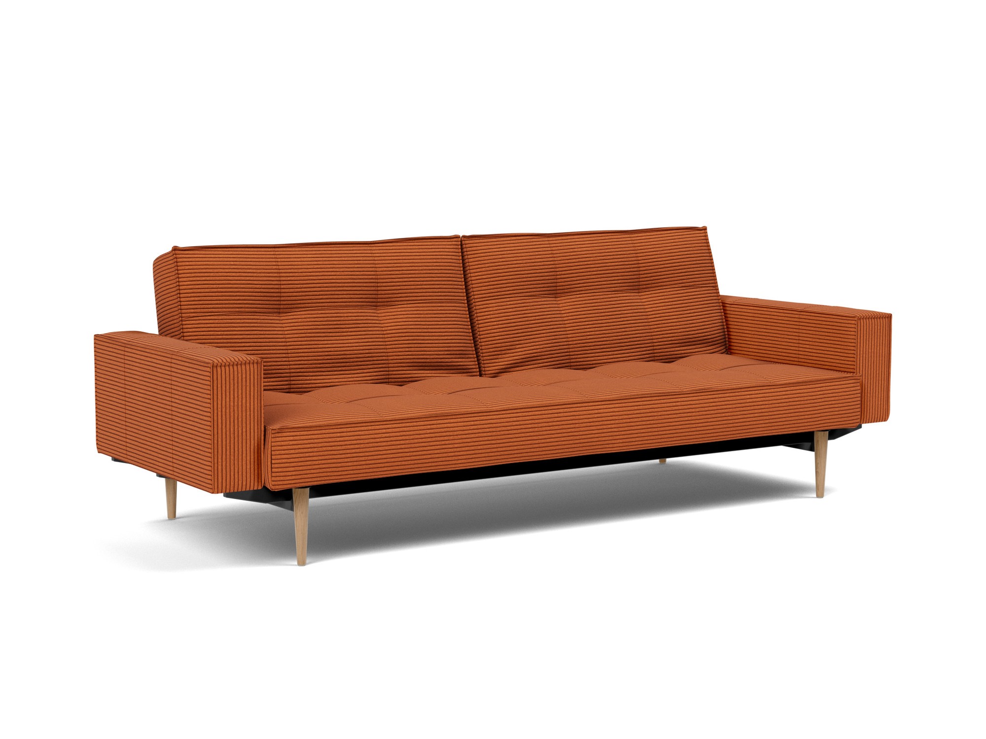 Schlafsofa Splitback mit Armlehnen Kord Corduroy 595-Burnt-Orange Beine Styletto Eiche hell
