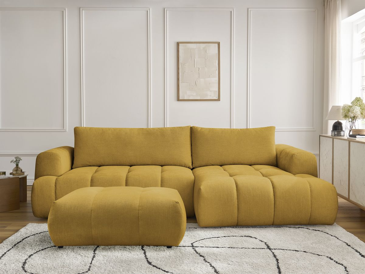 Bobochic Fuji Ecksofa mit Schlaffunktion und Bettkasten und Pouf 292 × 160 cm Stoff Gelb Ecke rechts