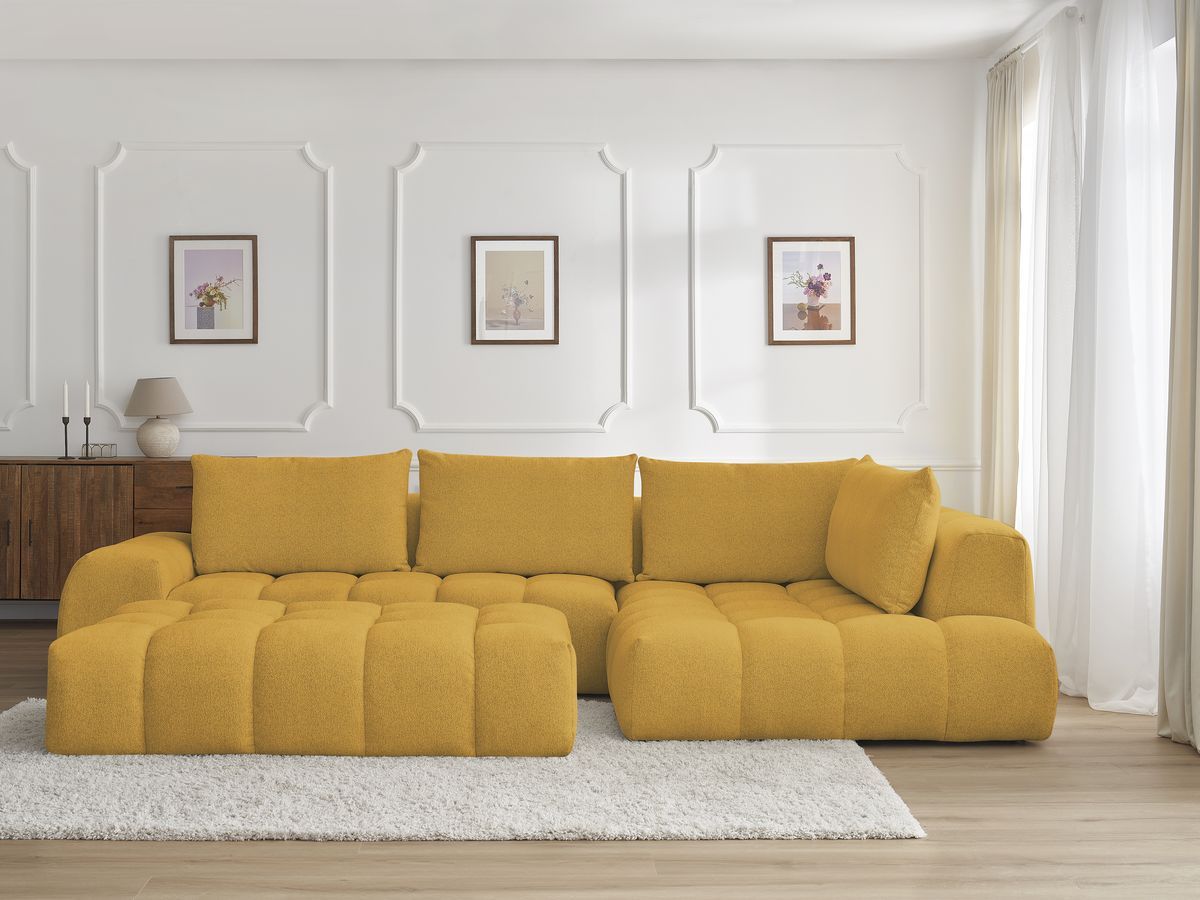 Bobochic Everest Ecksofa mit Schlaffunktion und Pouf, 4 Kissen Melange-Stoff Gelb Ecke rechts
