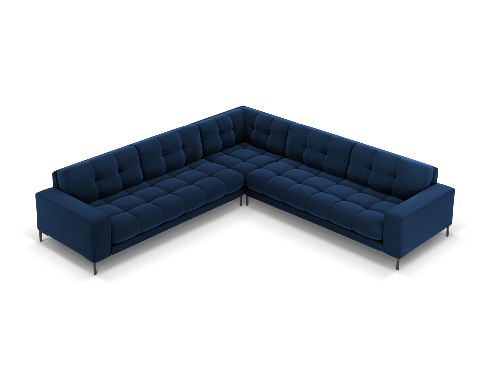 Cosmopolitan Design Symmetrisches Ecksofa Bali 6-Sitzer Samt Bluvel Königsblau Beine Schwarzes Metall