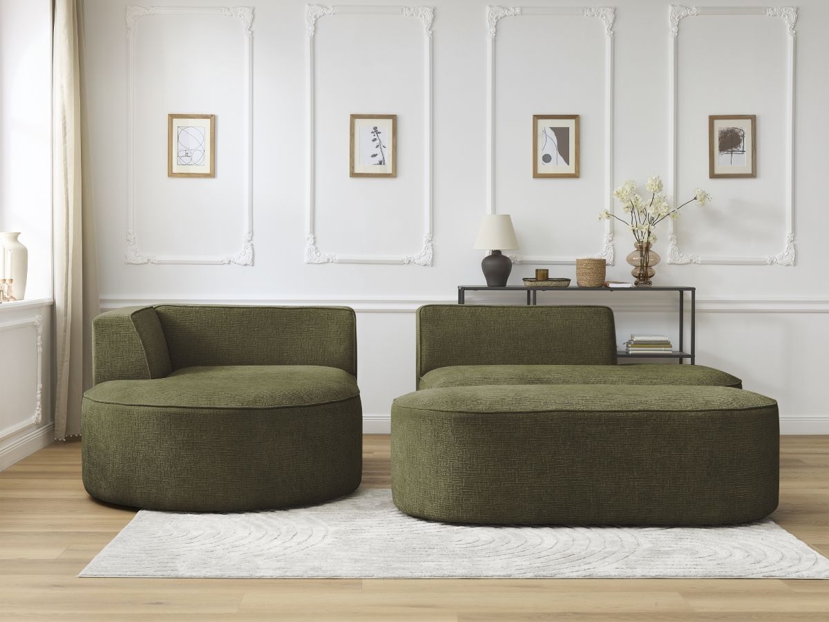 Bobochic Rousseau Ecksofa mit Pouf Strukturstoff Grün Ecke links