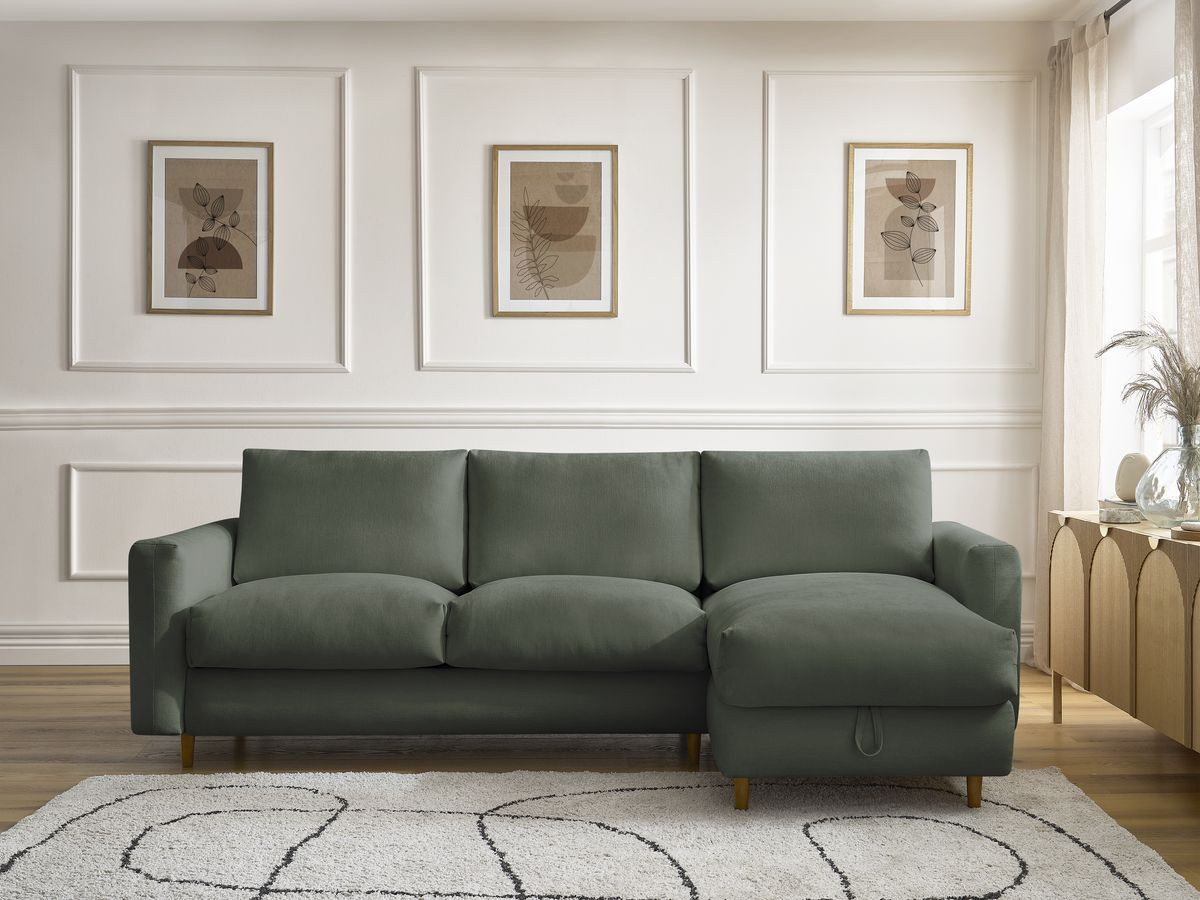 Bobochic Cocoone Ecksofa mit Schlaffunktion und Bettkasten Stoff Grün, Liegefläche 160 × 200 cm