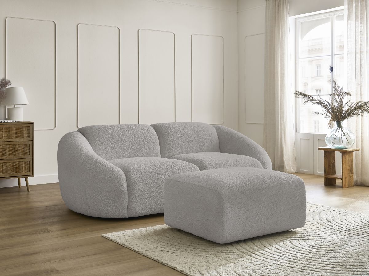 Bobochic Tina Sofa 3-Sitzer mit Pouf Bouclé-Stoff Hellgrau