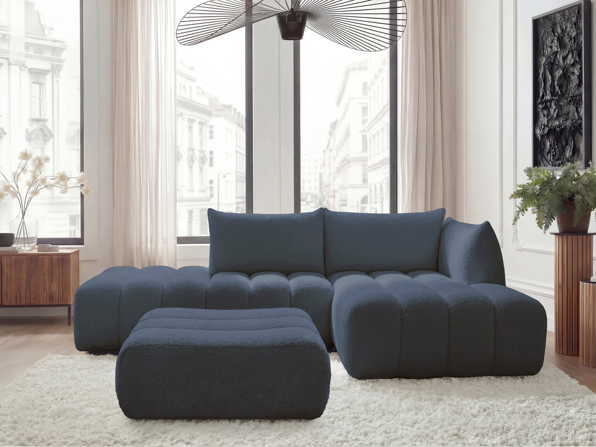 Bobochic Azra Ecksofa mit Pouf 319 × 178 cm Bouclé-Stoff Dunkelblau Ecke rechts