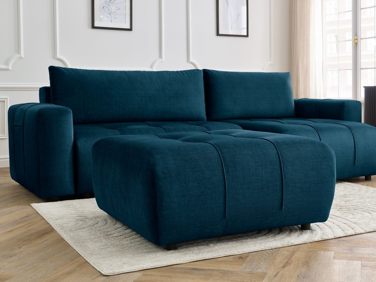 Bobochic Arsene Ecksofa mit Schlaffunktion und Bettkasten und Pouf 288 × 148 cm Samt Blau