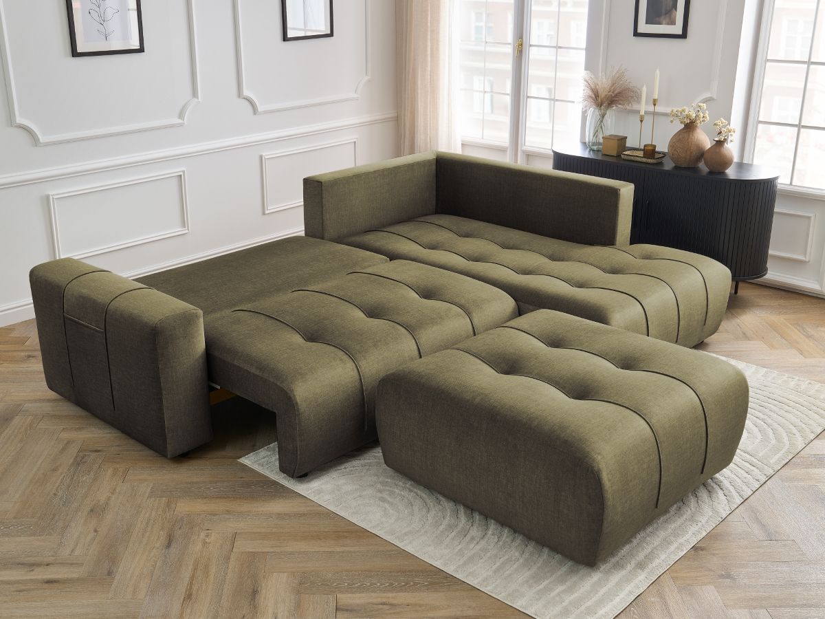 Bobochic Arsene Ecksofa mit Schlaffunktion und Bettkasten und Pouf 277 × 200 cm Samt Grün Ecke rechts