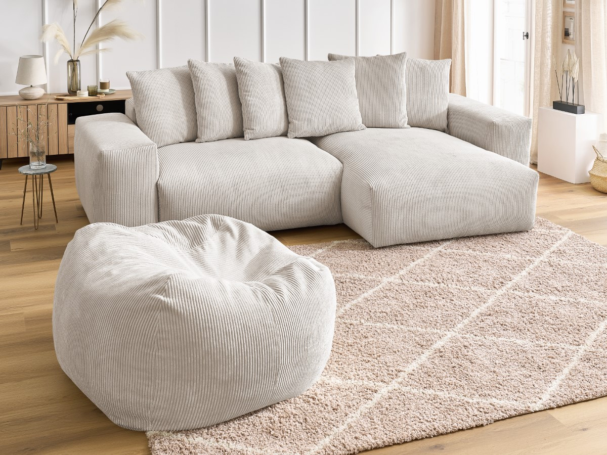 Bobochic Voltaire Ecksofa mit Pouf 310 × 174 cm Cordsamt Beige