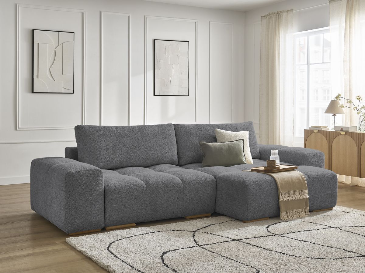 Bobochic Anakin Ecksofa mit Schlaffunktion und Bettkasten, 2 Kissen Bouclé-Stoff Dunkelgrau