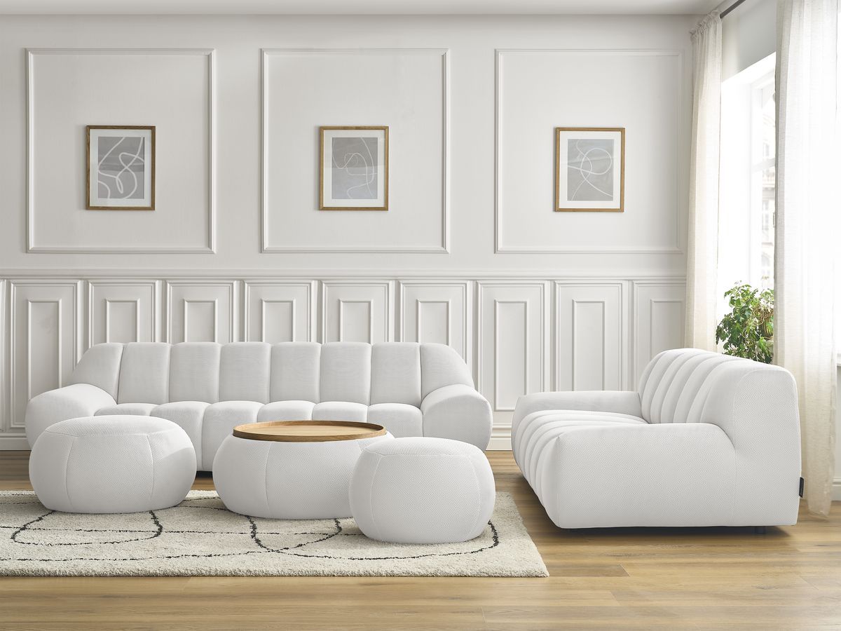 Bobochic Hayden Sofa-Set 3- und 2-Sitzer mit 3 Poufs Mesh-Stoff Weiß