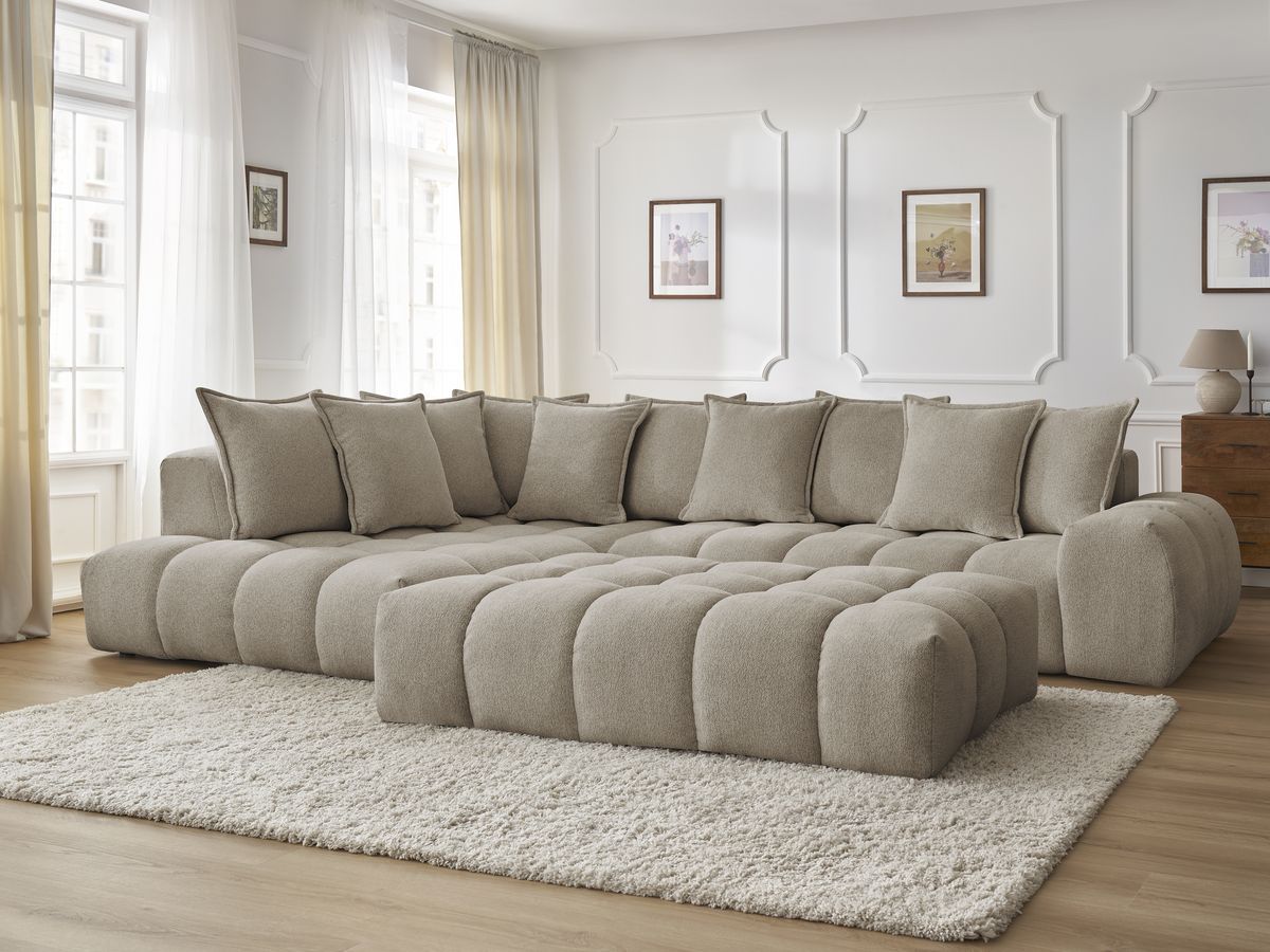 Bobochic Everest Ecksofa mit Schlaffunktion und Pouf, 10 Kissen Melange-Stoff Taupe Ecke links