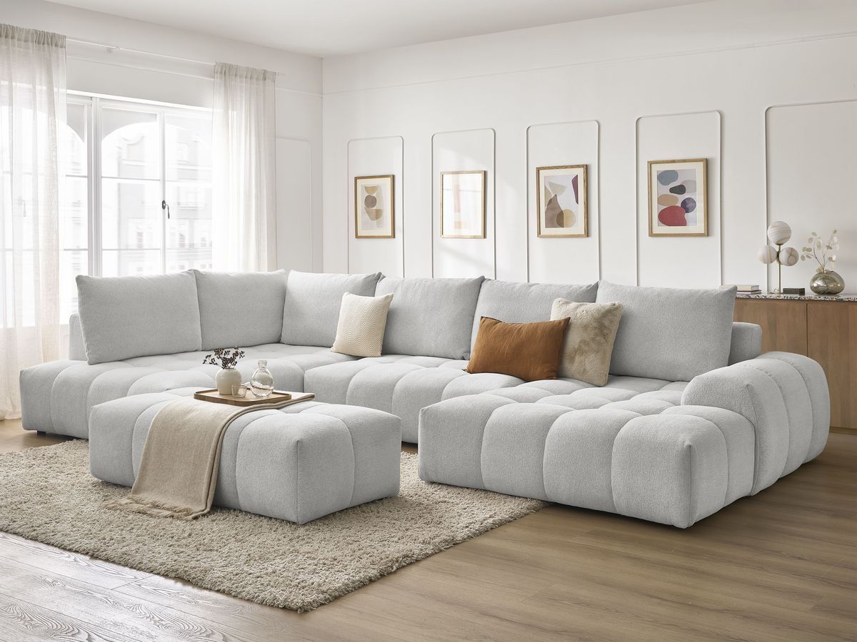 Bobochic Everest Wohnlandschaft mit Pouf, 6 Kissen Melange-Stoff Hellgrau Ecke rechts