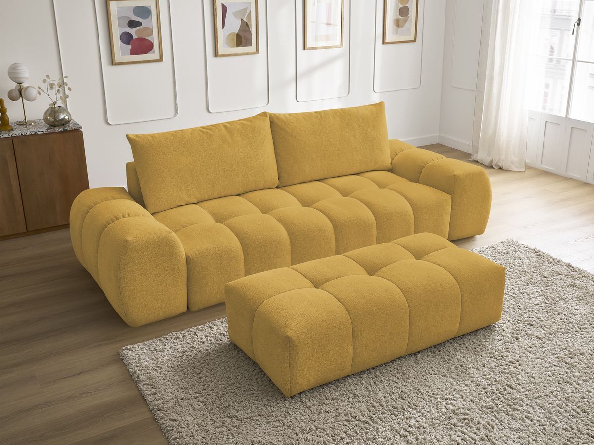 Bobochic Everest Sofa 3-Sitzer mit Pouf, 2 Kissen Melange-Stoff Gelb