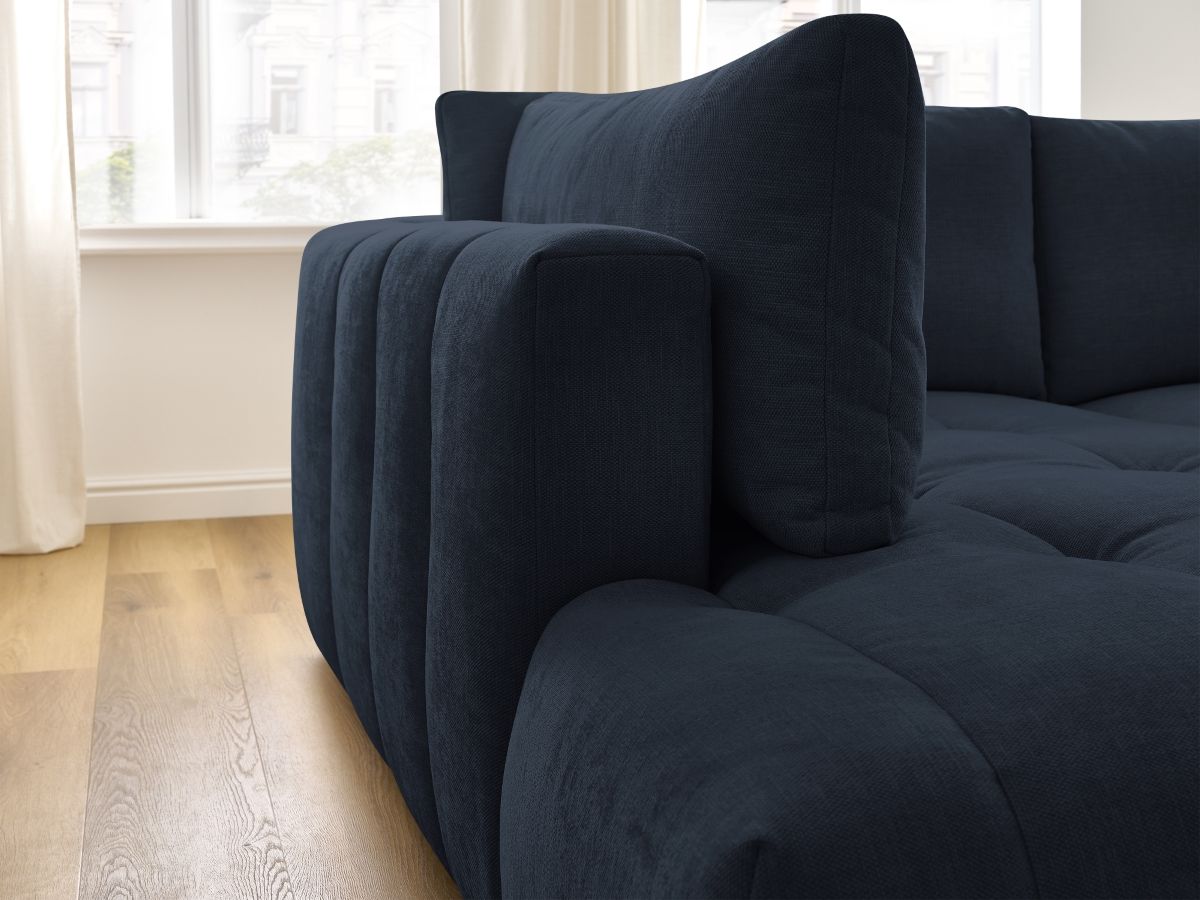 Bobochic Fuji Ecksofa mit Schlaffunktion und Bettkasten und Pouf 282 × 204 cm Stoff Dunkelblau Ecke links