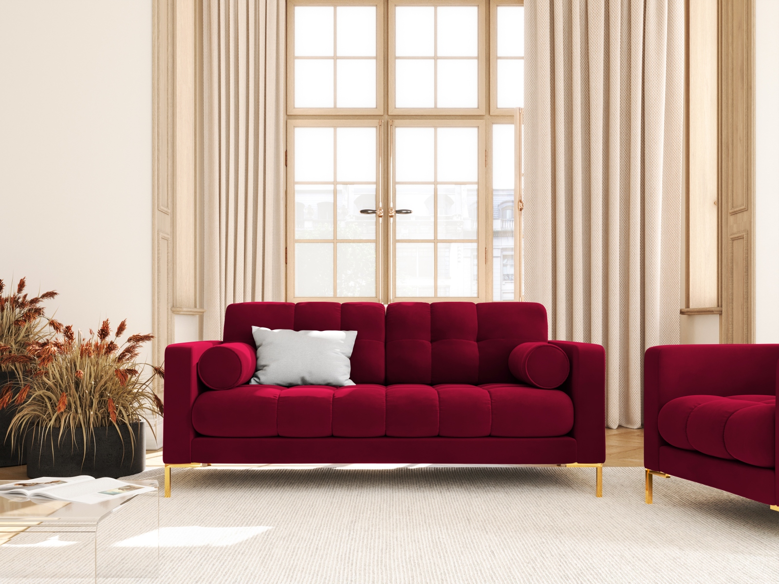 Cosmopolitan Design Sofa Bali 2-Sitzer Samt Bluvel Rot Beine Gold