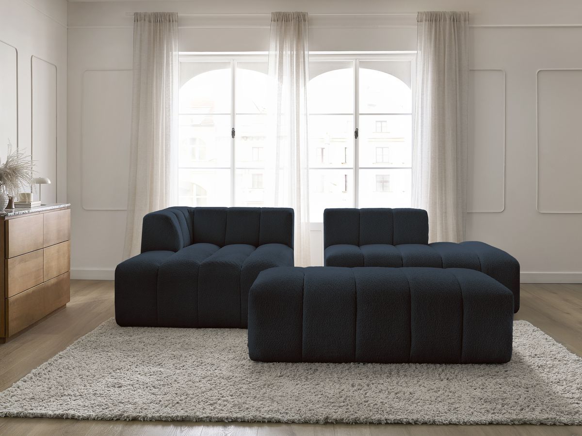 Bobochic Annecy Ecksofa mit Pouf Bouclé-Stoff Dunkelblau Ecke links