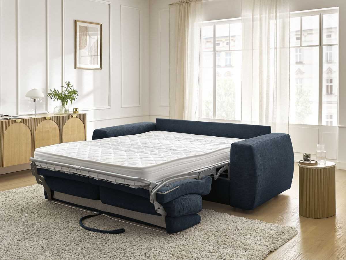 Bobochic Hugo Schlafsofa 3-Sitzer Strukturstoff Dunkelblau, Liegefläche 140 × 190 cm