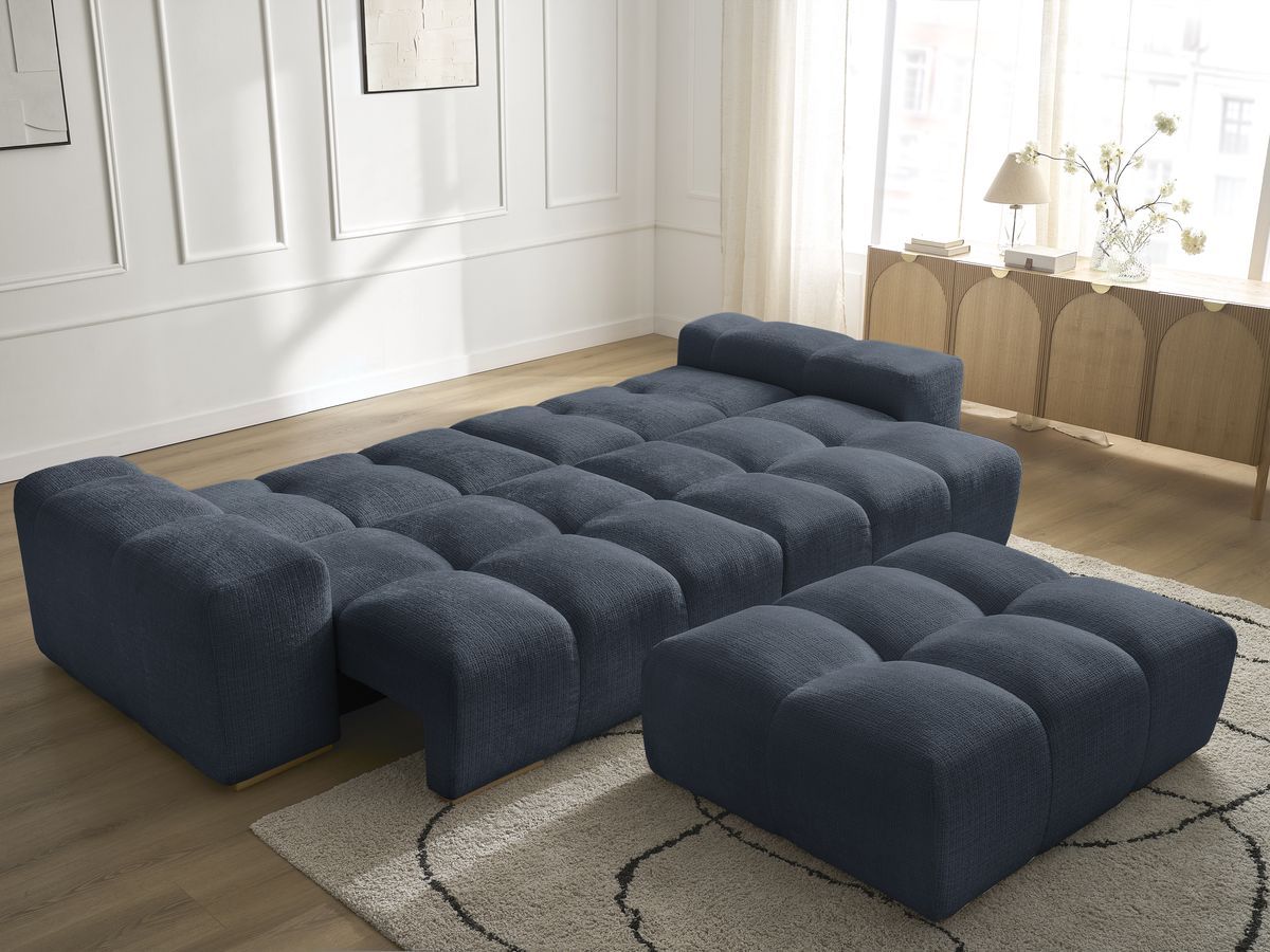 Bobochic Anakin Schlafsofa 3-Sitzer mit Bettkasten und Pouf, 6 Kissen Strukturstoff Dunkelblau