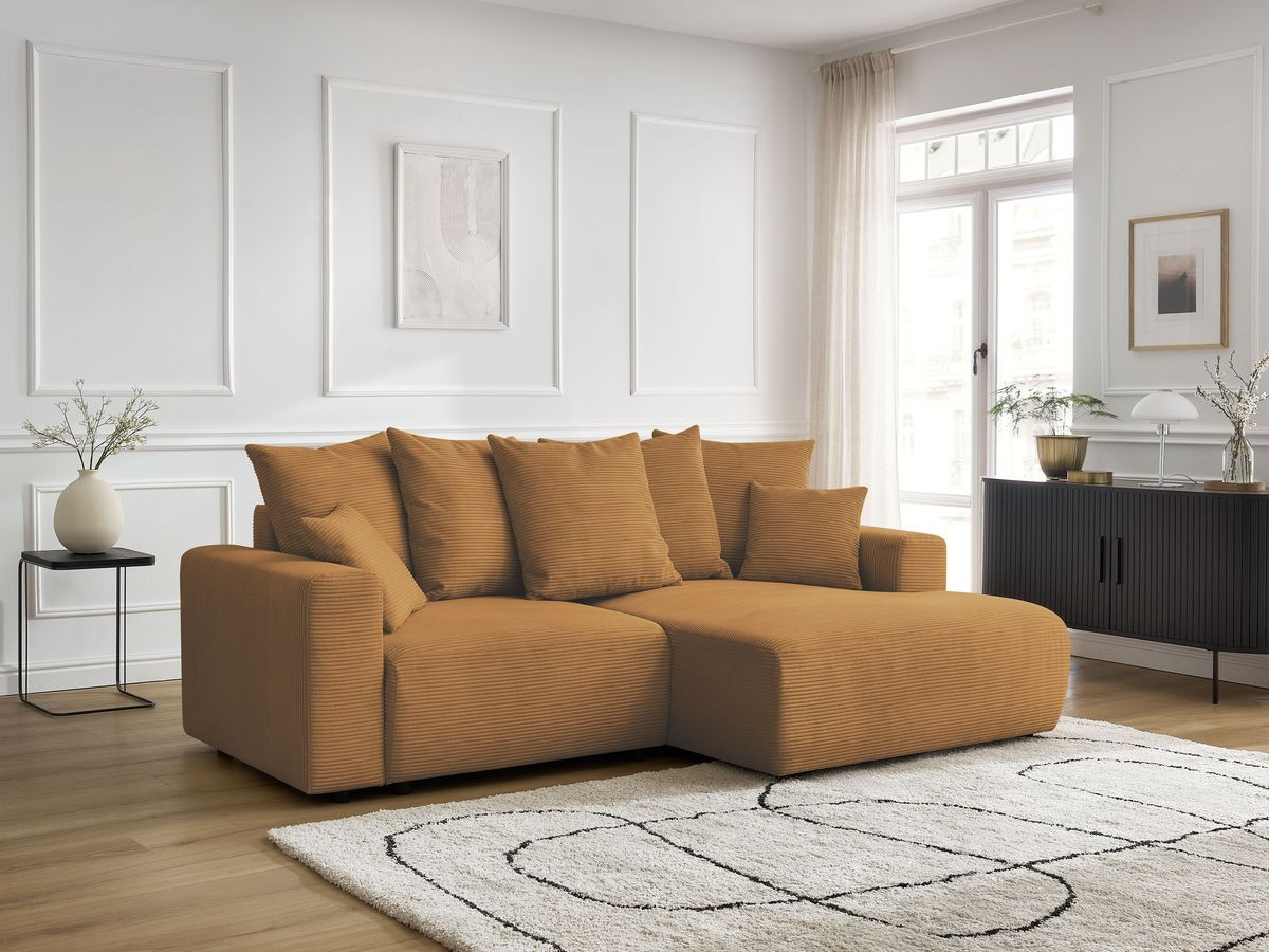 Bobochic Atilla Ecksofa mit Schlaffunktion und Bettkasten Cordsamt Gelb Ecke rechts