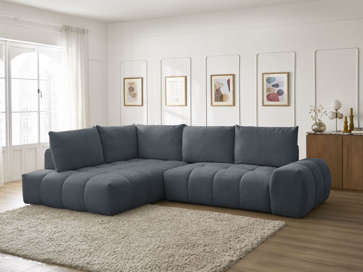 Bobochic Everest Ecksofa mit Schlaffunktion und Bettkasten 320 × 212 cm, 5 Kissen Strukturstoff Dunkelblau Ecke links