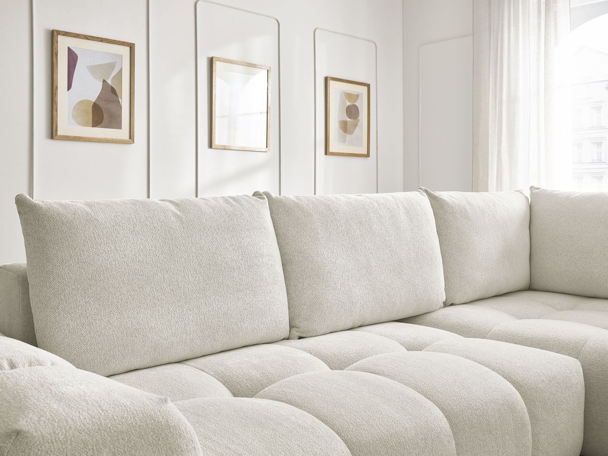 Bobochic Everest Ecksofa mit Schlaffunktion und Bettkasten 320 × 212 cm, 5 Kissen Melange-Stoff Weiß Ecke rechts